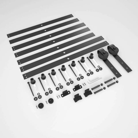 Components of the 8FT Barn Door Hardware Kit with Heavy Duty Sliding Track, J Shaped Carbon Steel System for interior and exterior use.