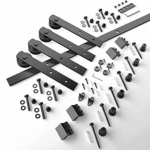 8FT Double Barn Door Hardware Kit for Two 24 Inch Door Panels components layout on white background