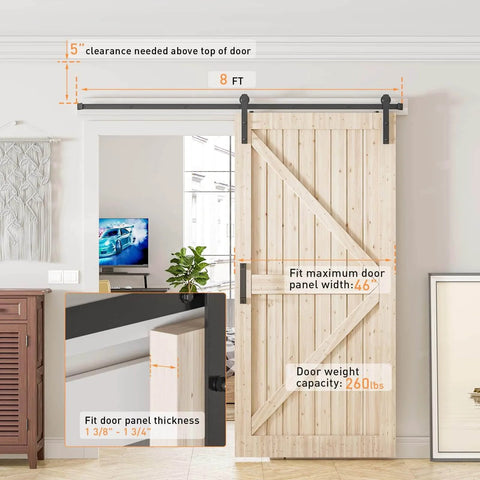 Interior with 8FT Sliding Barn Door Hardware Kit Heavy Duty featuring I Shape Hanger, displayed on wooden door, showing dimensions and specs