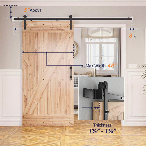 8ft Barn Door Hardware Kit with I shape hanger installed on wood door, showing sliding track and smooth nylon rollers, fits 42-48 inch doors.