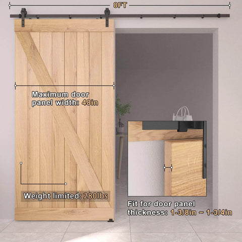 8FT Barn Door Hardware Kit with Heavy Duty Sliding Track installed on wood door, ideal for 44 to 48 inch panels, showing door clearance.