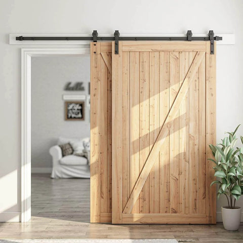 8 Feet Bypass Sliding Barn Door Hardware Kit for Double Wooden Doors with Single Track, installed in 84 inch door opening