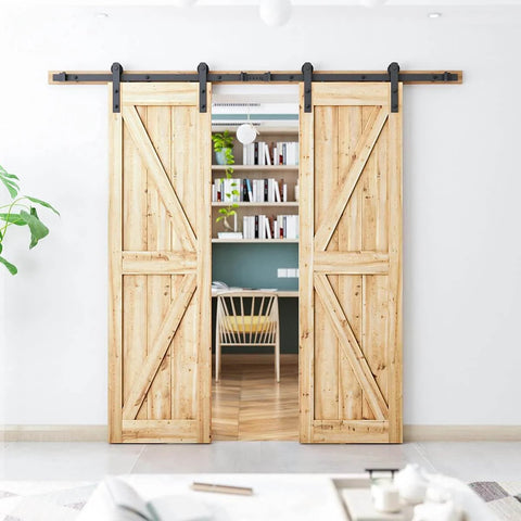 8FT Double Barn Door Hardware Kit for Two 24 Inch Door Panels installed in living room setting