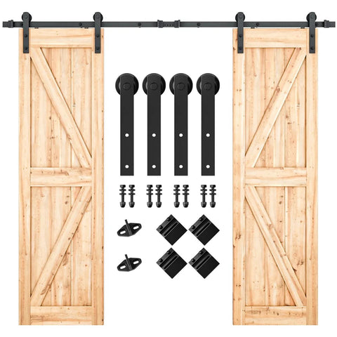 8FT Double Barn Door Hardware Kit for Two 24 Inch Door Panels, Heavy Duty Carbon Steel Sliding Track with installation components, doors not included.