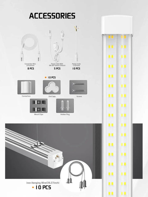 Ultra Bright 8 Foot LED Shop Light Fixture Kit With 100W Power 15000 Lumens 5000K Daylight For Garage Workshop And Warehouse Hang Or Surface Mount V Shape Four Row Design OnlyLux 10 Pack shown with accessories like power cords and connectors