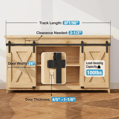 8ft Super Mini Sliding Barn Door Hardware Kit For Double Doors For TV Stands, Cupboards, Storage Cabinets And Wardrobes, J Shape Hanger, Flexible Floor Guides For Grooved Or Non Grooved Doors, Includes 2 Spliced Tracks, shown installed on cabinet