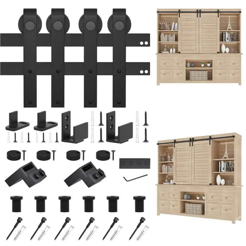 8ft Super Mini Sliding Barn Door Hardware Kit For Double Doors For TV Stands, Cupboards, Storage Cabinets And Wardrobes, J Shape Hanger, Flexible Floor Guides For Grooved Or Non Grooved Doors, Includes 2 Spliced Tracks components and installation.