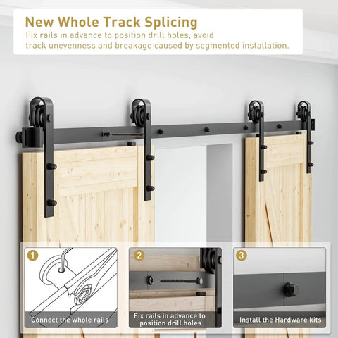 8 FT Double Sliding Barn Door Hardware Track Kit for Wood Slab Doors with J Shape Hanger, installation and setup details