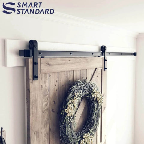 8.2 FT Sliding Barn Door Hardware Kit with J Shape hanger, installed on wooden door, smooth and quiet track system