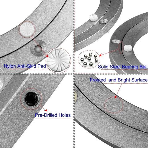 Close-up of 8 Inch Lazy Susan Hardware Heavy Duty Aluminum Turntable Bearing with smooth ball bearings and pre-drilled holes, silver finish.