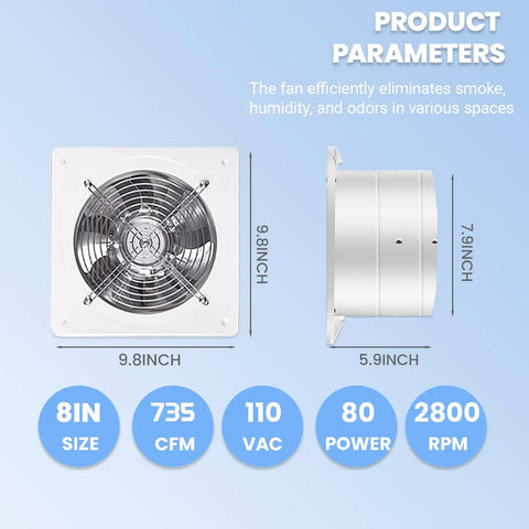 Beefy 8 Inch Exhaust Fan 735 CFM Wall Mounted Ventilation Blower For Ceiling Bathroom Attic Window Basement Use 110V 80W