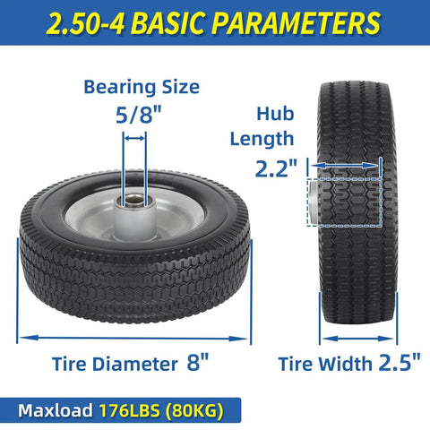 ✝️ 8-inch flat-free tire, 2.50-4 solid tire and wheel, 5/8" bearings, 2.2" offset hub, tire diameter 8", side and front view
