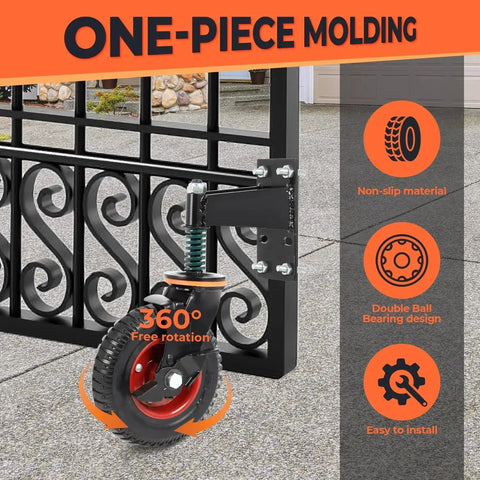 8 Inch Gate Wheel With Brake And 360 Degree Swivel Spring Loaded installed on metal swing gate