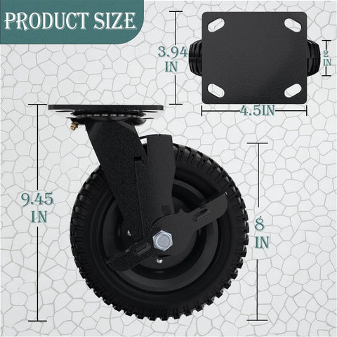✝️ 8 inch heavy duty caster wheels set of 4（2swivel brake & 2 fixed 2000lbs capacity, product size and dimensions shown