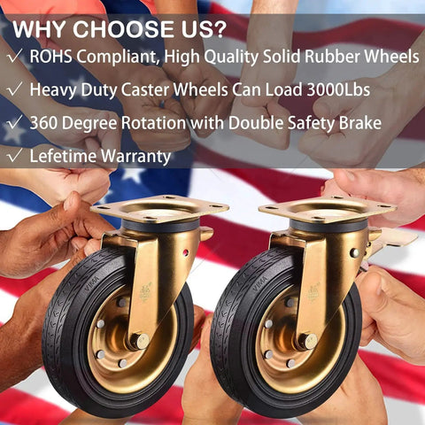8 Inch Heavy Duty Plate Casters Set Of 4 With 2 Locking Swivel And 2 Non Locking Swivel Industrial Rubber Wheels display