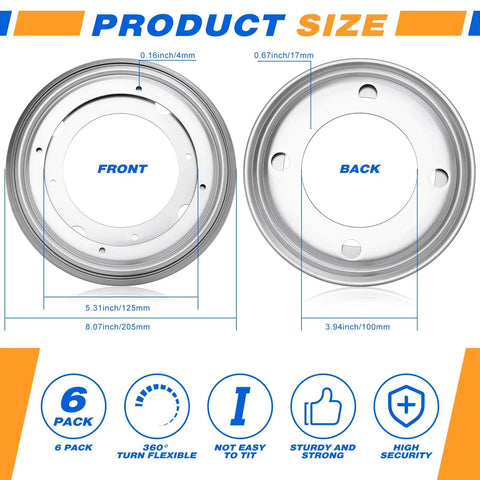Front and back view of 6 Pack 8 Inch Heavy Duty Lazy Susan Turntable Bearings with dimensions and features highlighted.