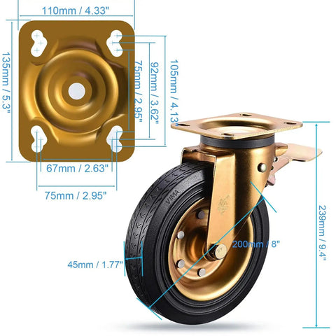 8 Inch Heavy Duty Plate Casters Set Of 4 With 2 Locking Swivel And 2 Non Locking Swivel Industrial Rubber Wheels for cart furniture workbench