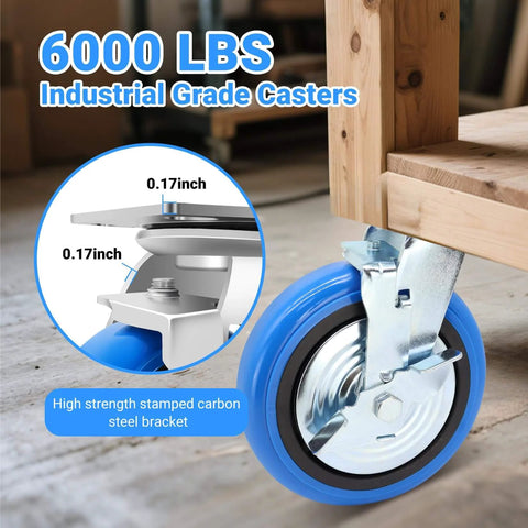 Close-up of 8 inch heavy duty caster wheels set of 4 rated 6000 lb total with smooth rolling design industrial polyurethane wheels setup.