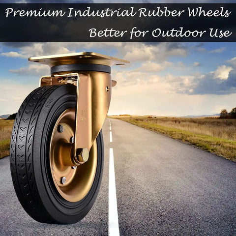 8 Inch Heavy Duty Plate Casters Set Of 4 With 2 Locking Swivel And 2 Non Locking Swivel Industrial Rubber Wheels For Cart Furniture And Workbench Load Capacity 3000 Lbs Includes Bolts Nuts And Screws showing single caster on road.