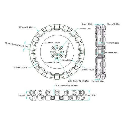 Technical diagram of 8 Inch Omni Wheel Omnidirectional Aluminium Alloy Hub Component, 203mm Smart Robot Omni Directional Wheel with measurements.
