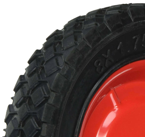 Close-up of 8-Inch Semi-Pneumatic Rubber Tire, Steel Hub with Ball Bearings, Diamond Tread, 1/2-Inch Bore Offset Axle, Black