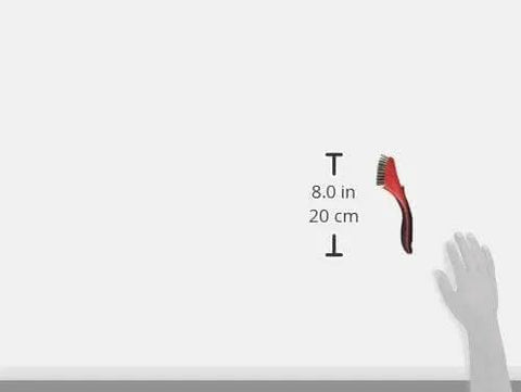 5x11 Row, Stainless Steel Stripper Brush with ergonomic handle, 8 inch size comparison with hand.
