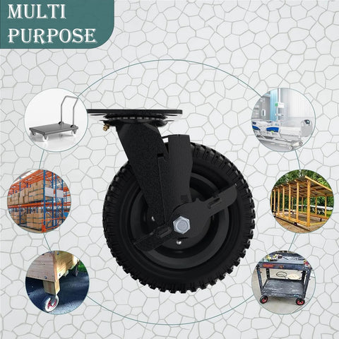 ✝️ Swivel heavy duty caster wheel, 8 inch*2, 1000lb capacity, black rim, solid rubber, cast iron brake casters for outdoor use