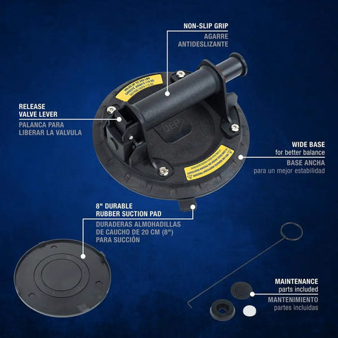 Heavy Duty 8 Inch Vacuum Suction Cup Lift Tool With 242 Lb Capacity showing non-slip grip and release valve lever