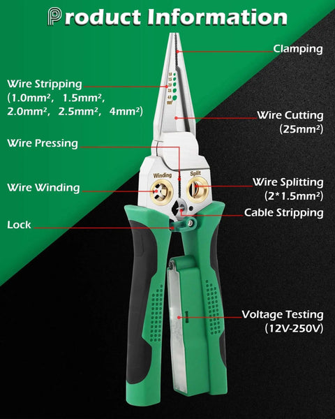 8 In 1 Wire Stripper With Voltage Tester For 10-18 AWG Wires, featuring pliers, crimper, cutters, and wire splitting tool with labels.
