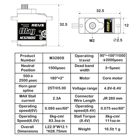 Diagram of 8KG Digital RC Micro Servo M3280S with specifications for Axial SCX24 Traxxas TRX4M Redcat Ascent-18 RC Crawler