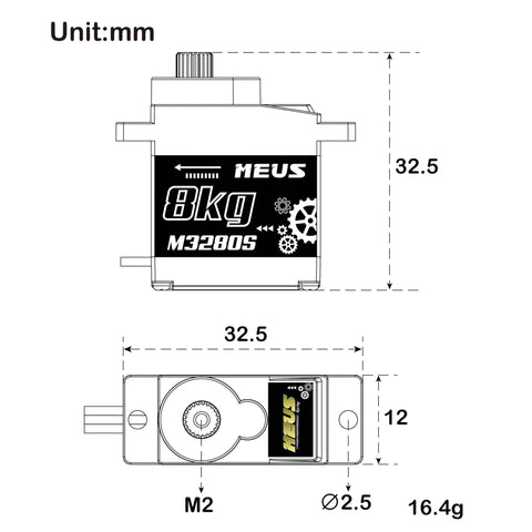 Technical diagram of 8KG Digital RC Micro Servo for Axial SCX24 Traxxas TRX4M Redcat Ascent-18 M3280S with dimensions in mm
