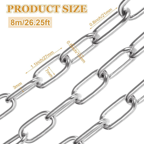 Close-up of 8M Galvanized Metal Coil Chain, 1/8In × 26.25Ft Heavy Duty Chain Links 3mm Small Metal Chain Link, size labeled