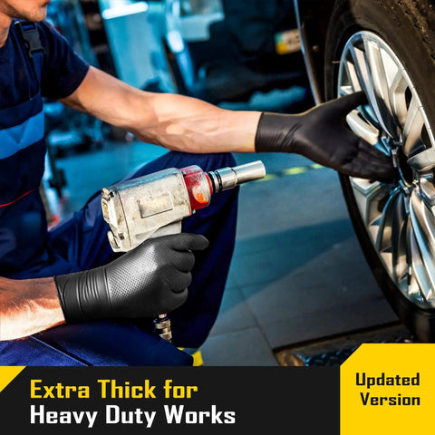 Mechanic using 8 Mil Nitrile Gloves With Diamond Grip For Mechanic Work And Cleaning 100 Ct while tightening car wheel