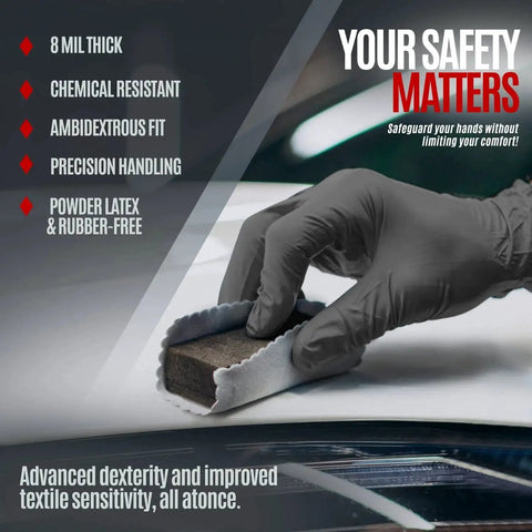 Gloved hand using pad, 8 Mil Powder Free Nitrile Diamond Textured Gloves Heavy Duty XL 100 Pack, ambidextrous