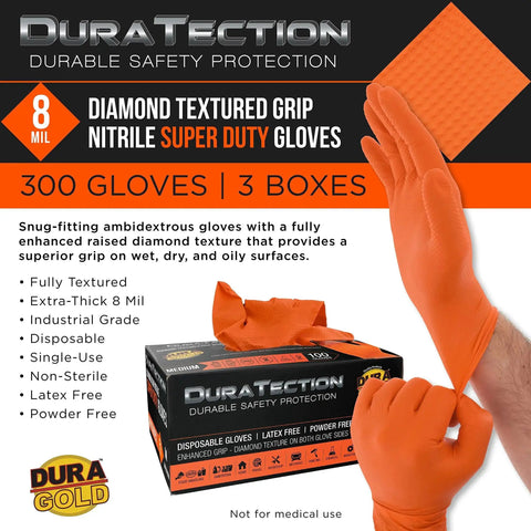 8 Mil Orange Diamond Textured Nitrile Disposable Gloves Medium 3 Boxes 100 with packaging and gloves.