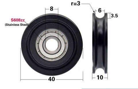 8mm Bore Bearing - OD: 40mm U-Groove Plastic Tire for Sliding Doors