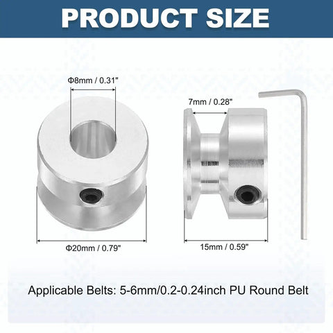 8mm Fixed Bore Aluminum Single Groove Pulley 20mm Outer Diameter for 5 to 6mm PU Belts with dimensions and hex key