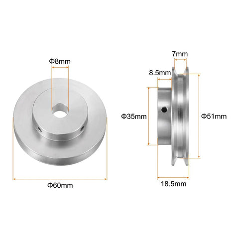 Front and side view of lightweight 8mm bore aluminum single groove pulley with 60mm outer diameter, designed for 6mm PU belt drives.