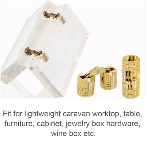 8 Pcs 8mm Hidden Brass Barrel Hinges for DIY jewelry boxes, 180 degree opening, polished brass, shown installed on clear acrylic
