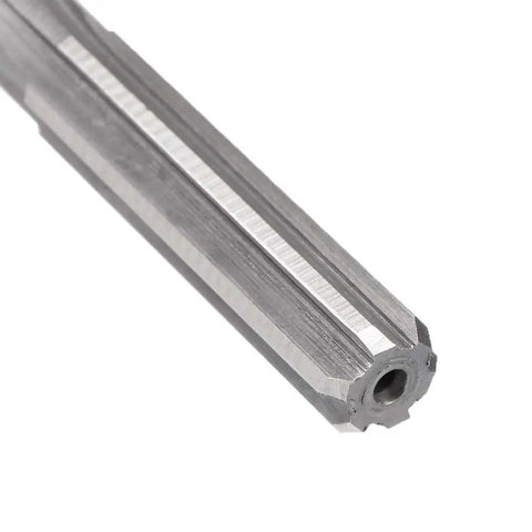 Close-up view of 8mm H7 HSS Chucking Reamer for lathe machine with 6 straight flutes and round shank, metric reaming drill bit.