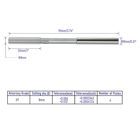 8mm Chucking Reamer H7 HSS M35 Cobalt Lathe Tool With 6 Straight Flutes and Round Shank. Technical specifications shown.