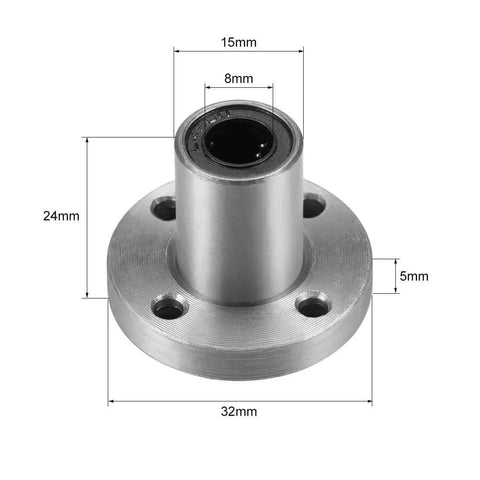 8mm linear ball bearings lm8uu round flange, 8mm bore, 15mm od, 24mm length front view showing dimensions