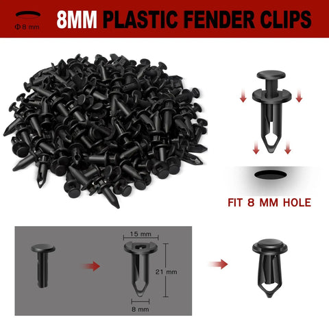 8mm Nylon Fender Fasteners For UTV ATV 200 Pcs Push Clips With Rivet Removal Tool, shown close-up with dimensions and fitment details.