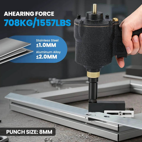 Person using 8mm Pneumatic Hole Puncher For Metal Sheets Heavy Duty Air Punch Tool on aluminum frame with text overlay.