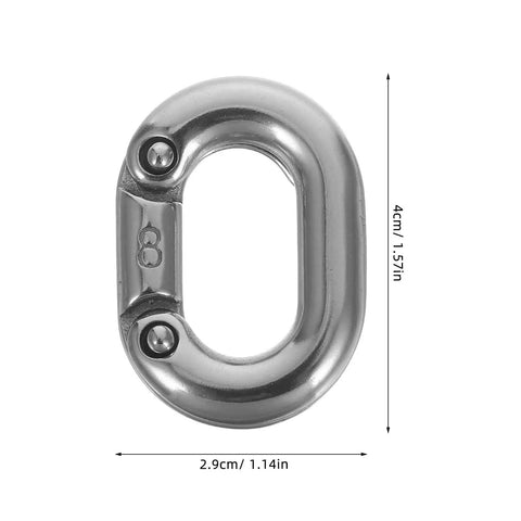 Front view of a silver 8mm marine-grade 316 stainless steel quick link connector with screws.