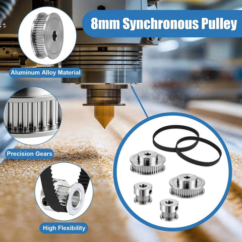 8mm GT2 synchronous pulley and belt set with aluminum alloy material, used in precision gear systems for high flexibility.