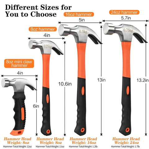 Different sizes of Eight Ounce Straight Rip Claw Hammer With Fiberglass Handle Smooth Face Non Slip Grip for DIY projects.