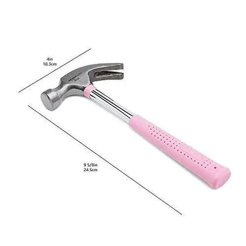 8 oz claw hammer with a shock-absorbing non-slip pink grip for comfortable, accurate nail driving and efficient nail removal.