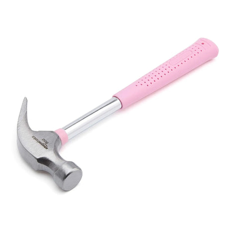8 oz claw hammer with a shock-absorbing non-slip pink grip for comfortable, accurate nail driving and efficient nail removal