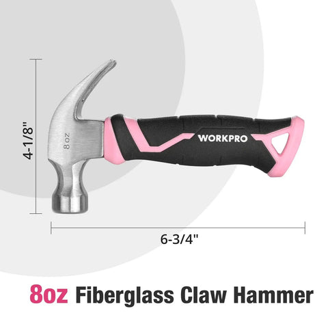 8 Oz Claw Hammer With Fiberglass Handle For Easy DIY Projects, forged steel head, pink and black handle, side view
